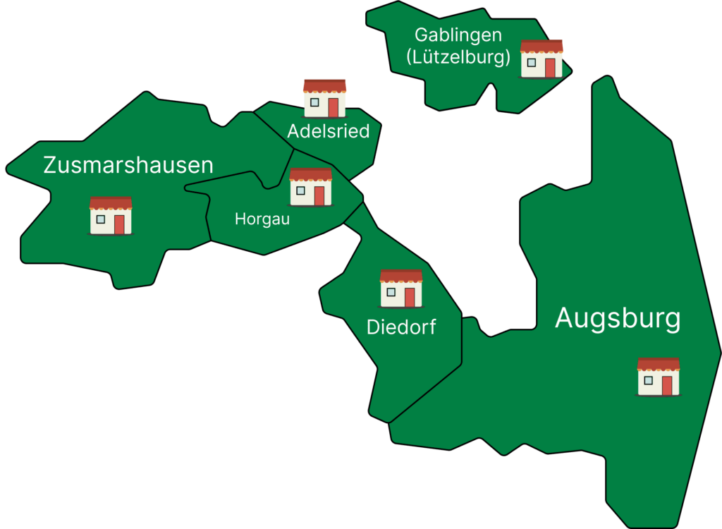 Eine illustrierte Karte von Augsburg und Umgebung. Darauf sind die verschiedenen Orte zu sehen, in denen es Läden gibt, die den Honig der Imkerei Gräubig verkaufen. Die Ortschaften sind neben dem Bild im Detail aufgelistet.