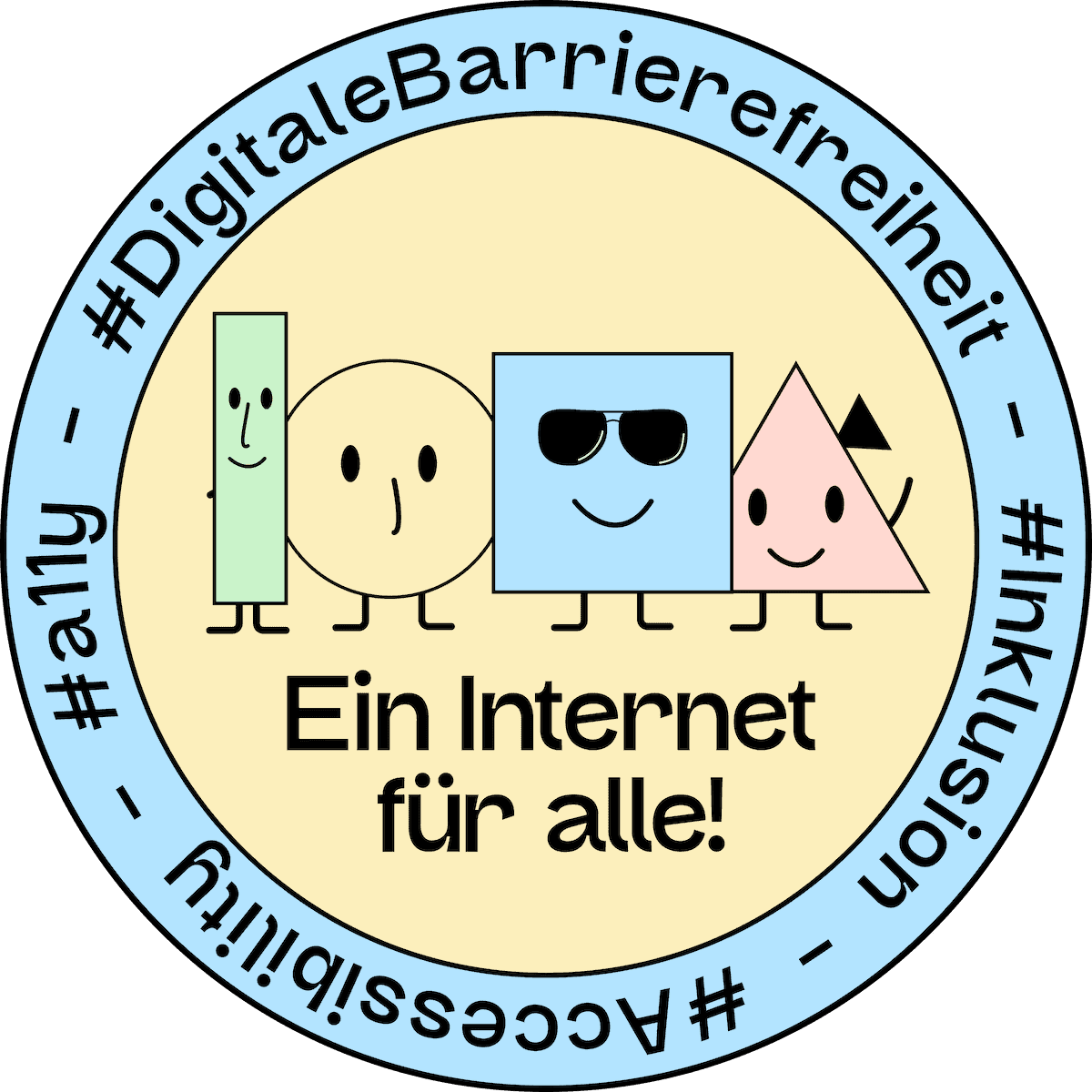 Vier geometrische Figuren. Diese illustrierten Figuren stellen jeweils unterschiedliche Formen von Beeinträchtigung dar: taub, blind, stumm und armlos. Darunter steht "Ein Internet für alle".